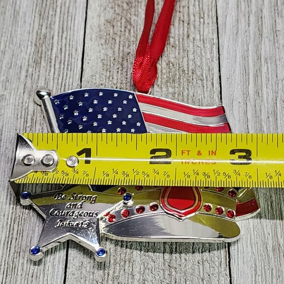 America's Flag and Cap " Be Strong and Courageous " Ornament Silver Metal - Picture 6 of 7
